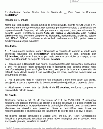 Modelo de Petição Busca e Apreensão com Pedido Liminar Alienação Fiduciária