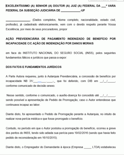 Modelo de Ação de Auxílio Doença indenizado cc Danos Morais