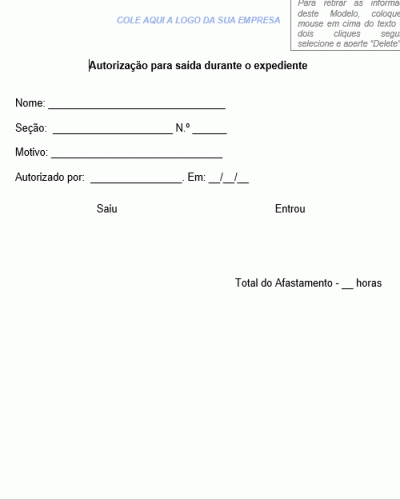 Modelo de Autorização para Saída Durante o Expediente