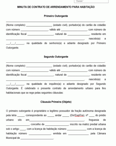 Modelo de Contrato de Arrendamento para Habitação