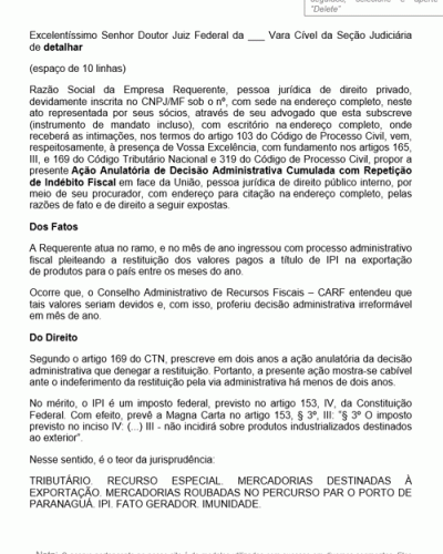 Modelo de Petição Ação Anulatória de Decisão Administrativa Cumulada com Repetição de Indébito Fiscal