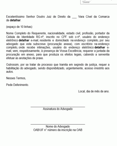 Modelo de Petição Habilitação de Advogado Processo em Segredo de Justiça