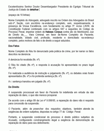 Modelo de Petição Habeas Corpus Concessão da Suspensão Condicional do Processo