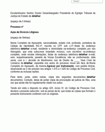 Modelo de Petição Agravo contra Indeferimento de Pedido de Tutela Provisória em Ação de Divórcio Litigioso