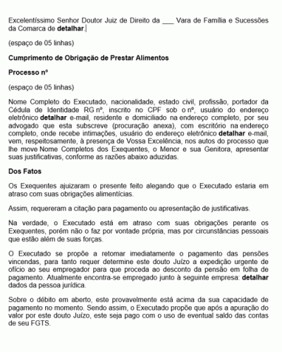 Modelo de Petição Justificativa em Cumprimento de Obrigação de Prestar Alimentos