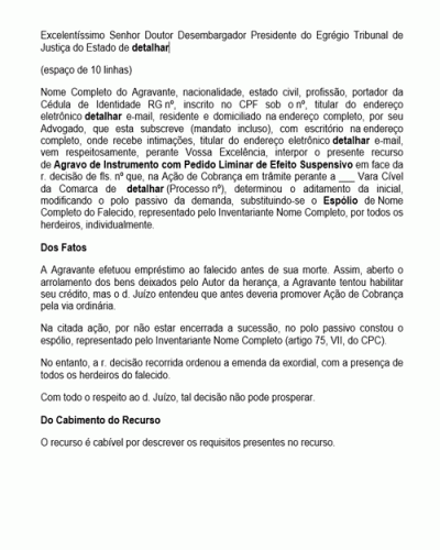 Modelo de Petição Agravo de Instrumento com Pedido Liminar de Efeito Suspensivo