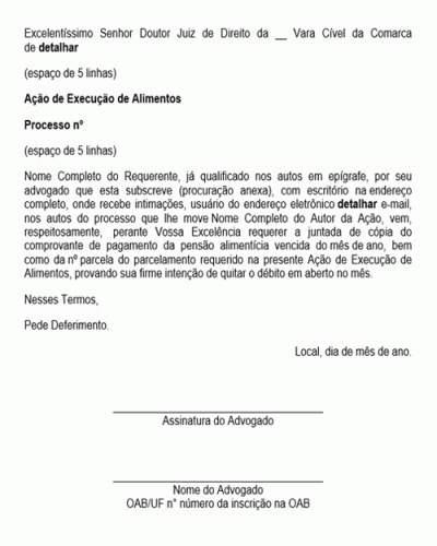 Modelo de Petição Juntada de Comprovante de Pagamento em Ação de Execução de Alimentos