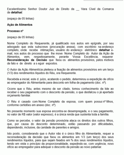 Modelo de Petição Reconsideração da Decisão que Fixou os Alimentos Provisórios em Ação de Alimentos