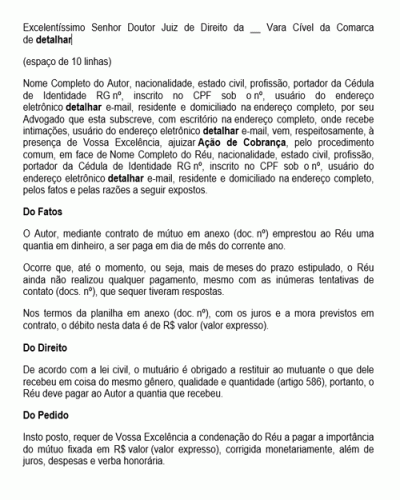 Modelo de Petição Ação de Cobrança Empréstimo entre Particulares