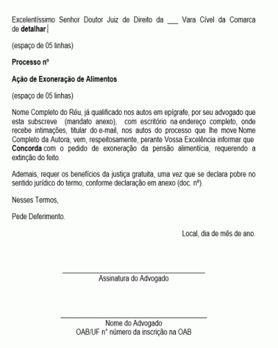 Modelo de Petição Concordância com o Pedido de Exoneração da Pensão Alimentícia