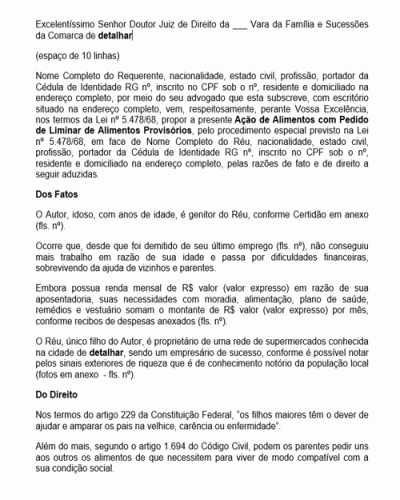 Modelo de Petição Ação de Alimentos Movida por Ascendente