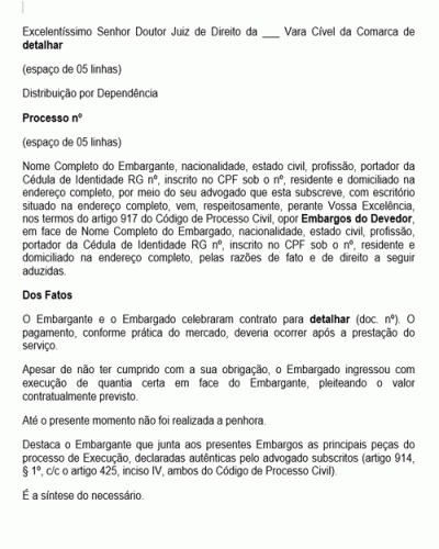 Modelo de Petição Embargos do Devedor Execução de Título Executivo Extrajudicial