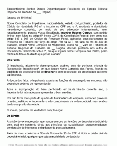 Modelo de Petição Habeas Corpus Processo do Trabalho