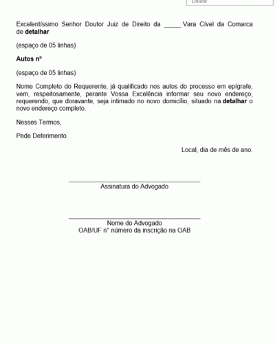 Modelo de Petição Comunicação de Novo Endereço do Autor