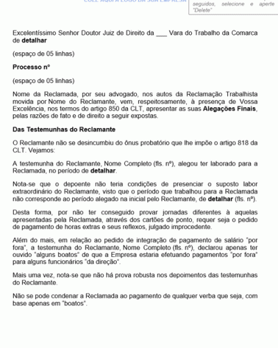 Modelo de Petição Alegações Finais Escritas Processo Trabalhista