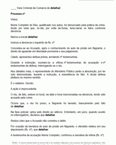 Modelo de Petição Sentença Absolutória Provada a Inexistência do Fato