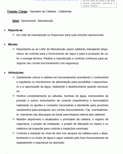 Modelo de Descrição de Cargo de Operador de Caldeira Caldeirista