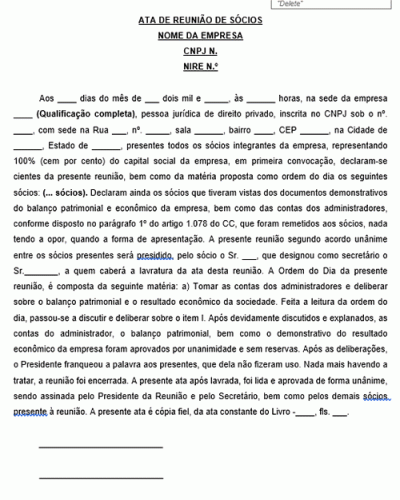 Modelo de Ata de Reunião Sócios para Contrato Social