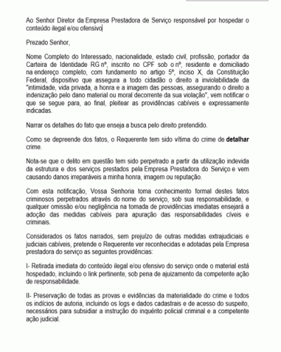 Modelo de Petição Carta de Solicitação de Remoção de Conteúdo Ilegal e-ou Ofensivo da Internet