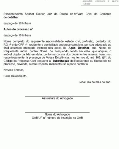 Modelo de Petição Substituição de Partes no Processo por Alienação da coisa Litigiosa - Novo CPC - Lei nº 13105-15