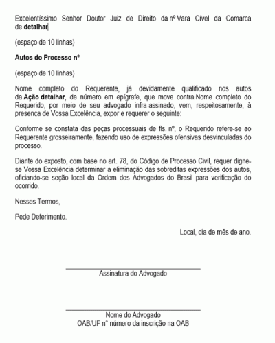 Modelo de Petição Eliminação de Expressões Injuriosas do Processo - Novo CPC - Lei nº 13105-15