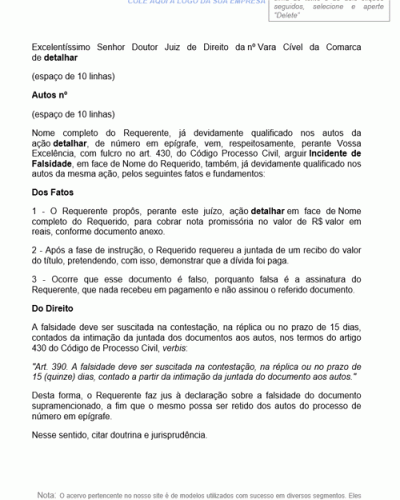 Modelo de Petição Falsidade de Documento Incidenter Tantum - Novo CPC - Lei nº 13105-15