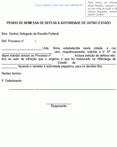 Modelo de Pedido de Remessa de Defesa a Autoridade de Outro Estado