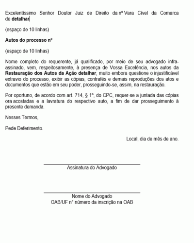 Modelo de Petição Juntada de Documentos Restauração de Autos - Novo CPC - Lei nº 13105-15