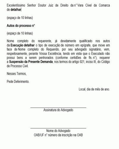 Modelo de Petição Suspensão da Execução Executado sem Bens a Penhorar - Novo CPC - Lei nº 13105-15