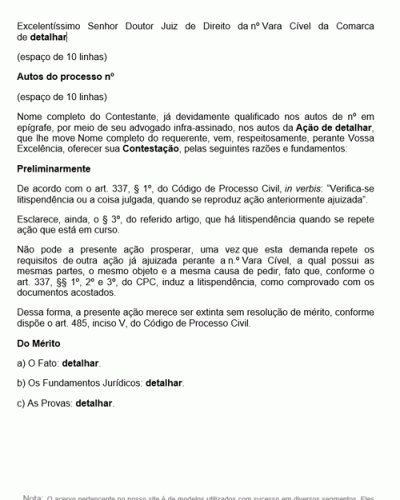 Modelo de Petição Litispendência Contestação com Preliminar - Novo CPC - Lei nº 13105-15