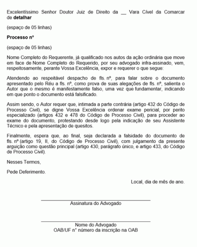 Modelo de Petição Arguição de Falsidade de Documento - Novo CPC - Lei nº 13105-15