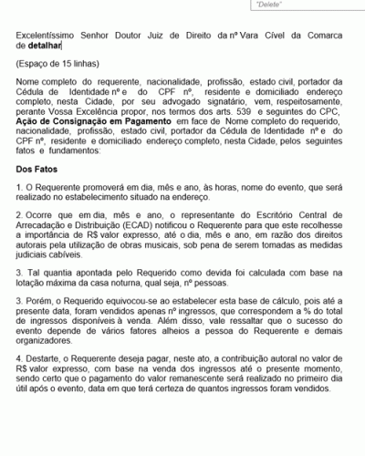 Modelo de Petição Consignação em Pagamento Direitos Autorais - Novo CPC - Lei nº 13105-15