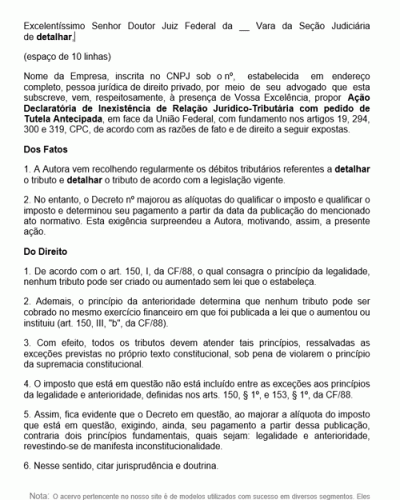 Modelo de Petição Declaratória de Inexistência de Relação Jurídico-Tributária com Pedido de Tutela Antecipada - Novo CPC - Lei nº 13105-15