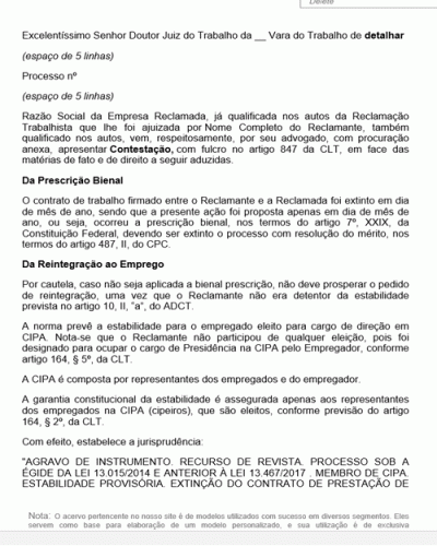 Modelo de Petição Contestação à Reclamação Trabalhista Reintegração de Emprego