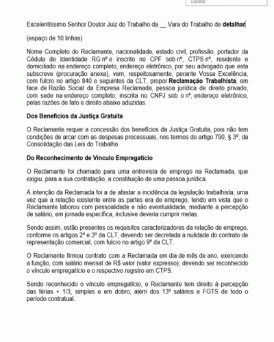 Modelo de Petição Reclamação Trabalhista Reconhecimento de Vínculo Empregatício e Invenção do Empregado