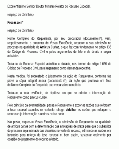 Modelo de Petição Pedido de Intervenção na Qualidade de Amicus Curiae - Novo CPC - Lei-nº 13105-15