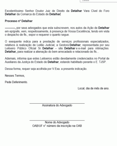 Modelo de Petição de Indicação de Leiloeiro