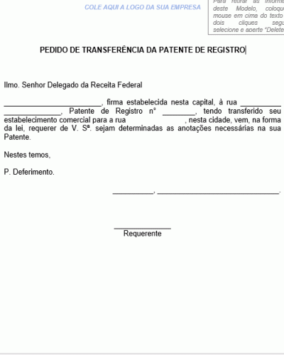 Modelo de Pedido de Transferência da Patente de Registro