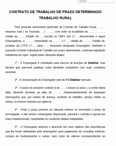 Modelo de Contrato de Trabalho de Prazo Determinado Trabalho Rural