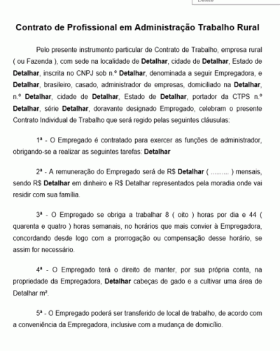 Modelo de Contrato de Profissional em Administração Trabalho Rural