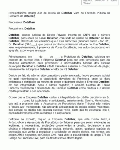 Modelo de Petição Requerendo Mudança da Titularidade de Crédito para Cessionário