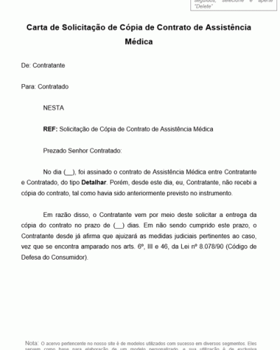 Modelo de Carta de Solicitação de Cópia de Contrato de Assistência Médica