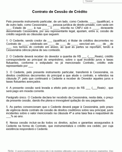 Modelo de Contrato de Cessão de Crédito