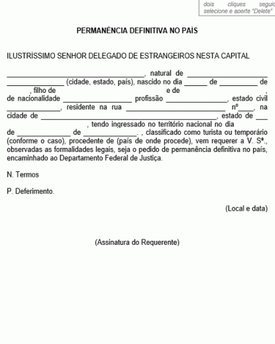 Modelo de Requerimento - Permanência Definitiva no País