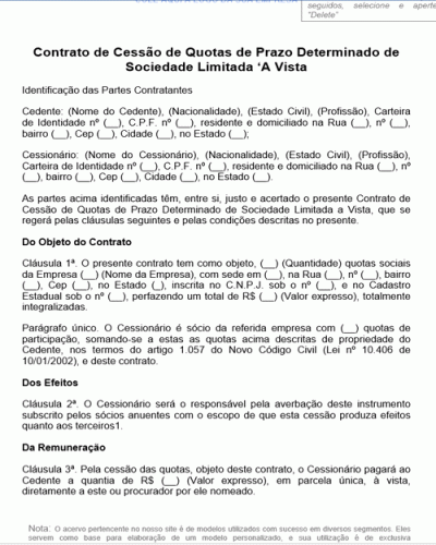 Modelo de Contrato de Cessão de Quotas de Prazo Determinado de Sociedade Limitada ‘A Vista