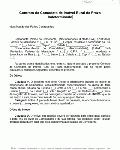 Modelo De Contrato De Comodato De Imóvel Rural De Prazo Indeterminado