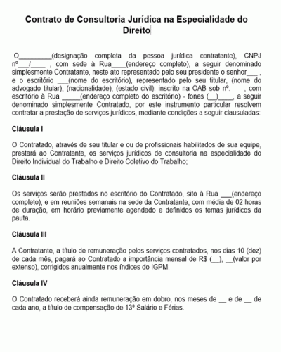 Modelo de Contrato de Consultoria Jurídica na Especialidade do Direito