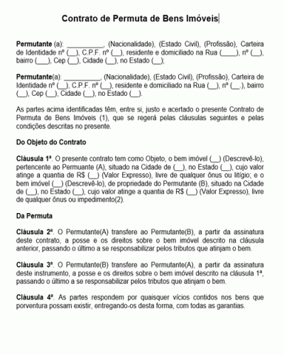 Modelo de Contrato de Permuta de Bens Imóveis