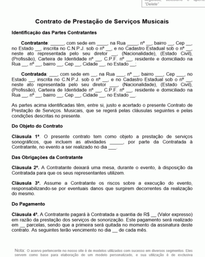 Modelo de Contrato de Prestação de Serviços Musicais