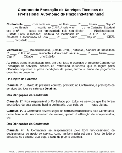 Modelo de Contrato de Prestação de Serviços Técnicos de Profissional Autônomo de Prazo Indeterminado